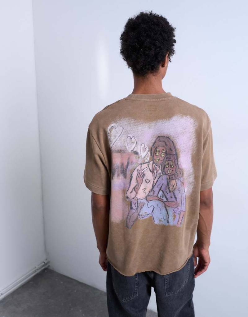 Mason Newman x Topman - Kastiges T-Shirt in verwaschenem Braun mit Herzprint vorne und am Rücken-Brown von Topman