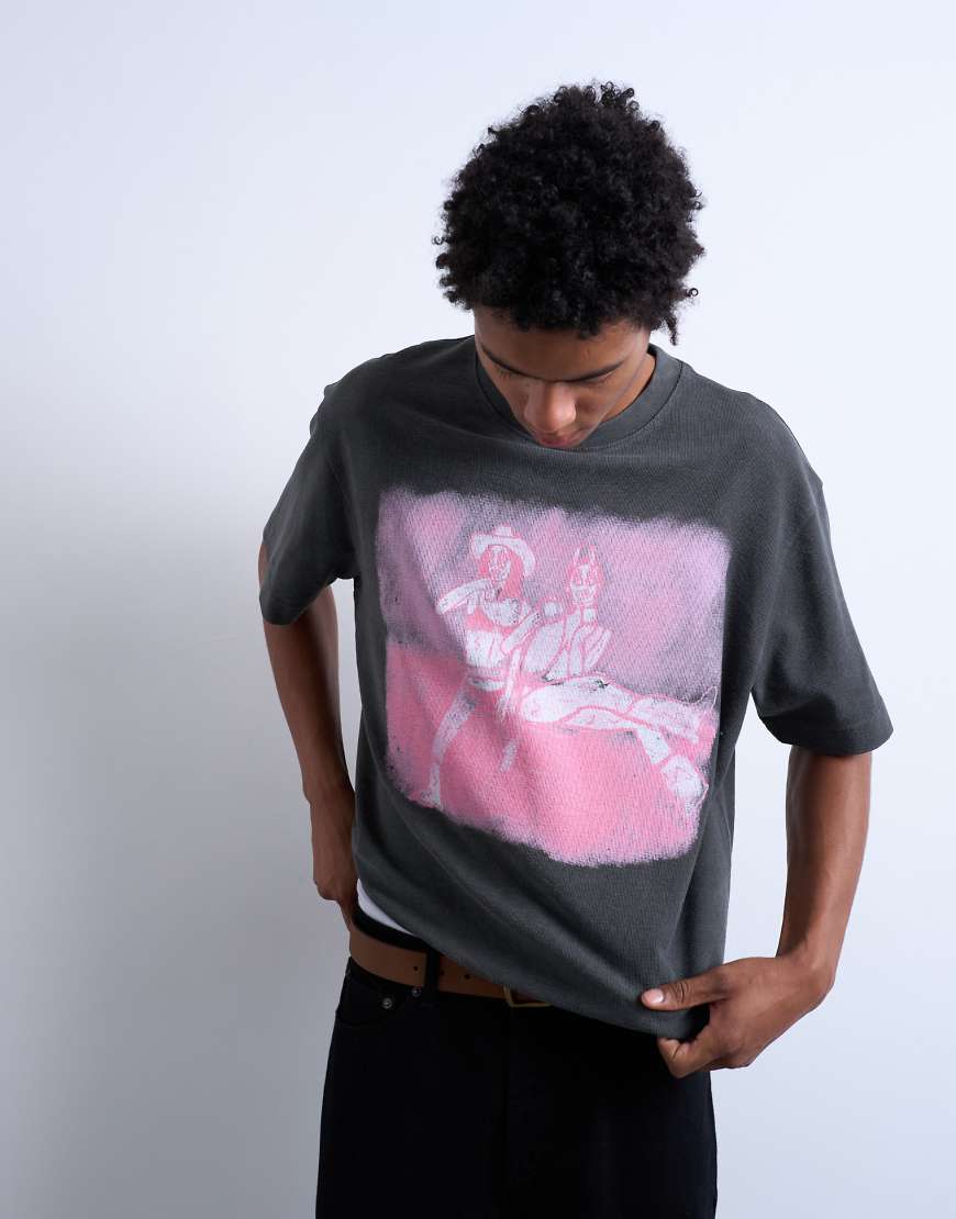 Mason Newman x Topman - Kastiges, strukturiertes T-Shirt in verwaschenem Schwarz mit Newman 37-Print vorne und am Rücken-Grau von Topman