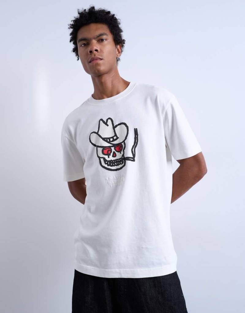 Mason Newman x Topman - Oversize-T-Shirt in Ecru mit Cowboy-Totenkopfprint-Weiß von Topman