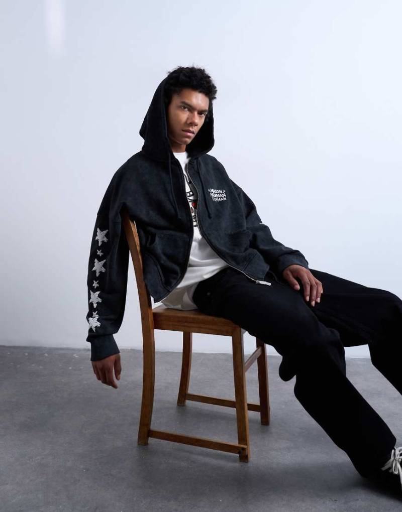 Mason Newman x Topman - Kastiger Kapuzenpullover in verwaschenem Schwarz mit Cowgirl-Print vorne und am Rücken von Topman