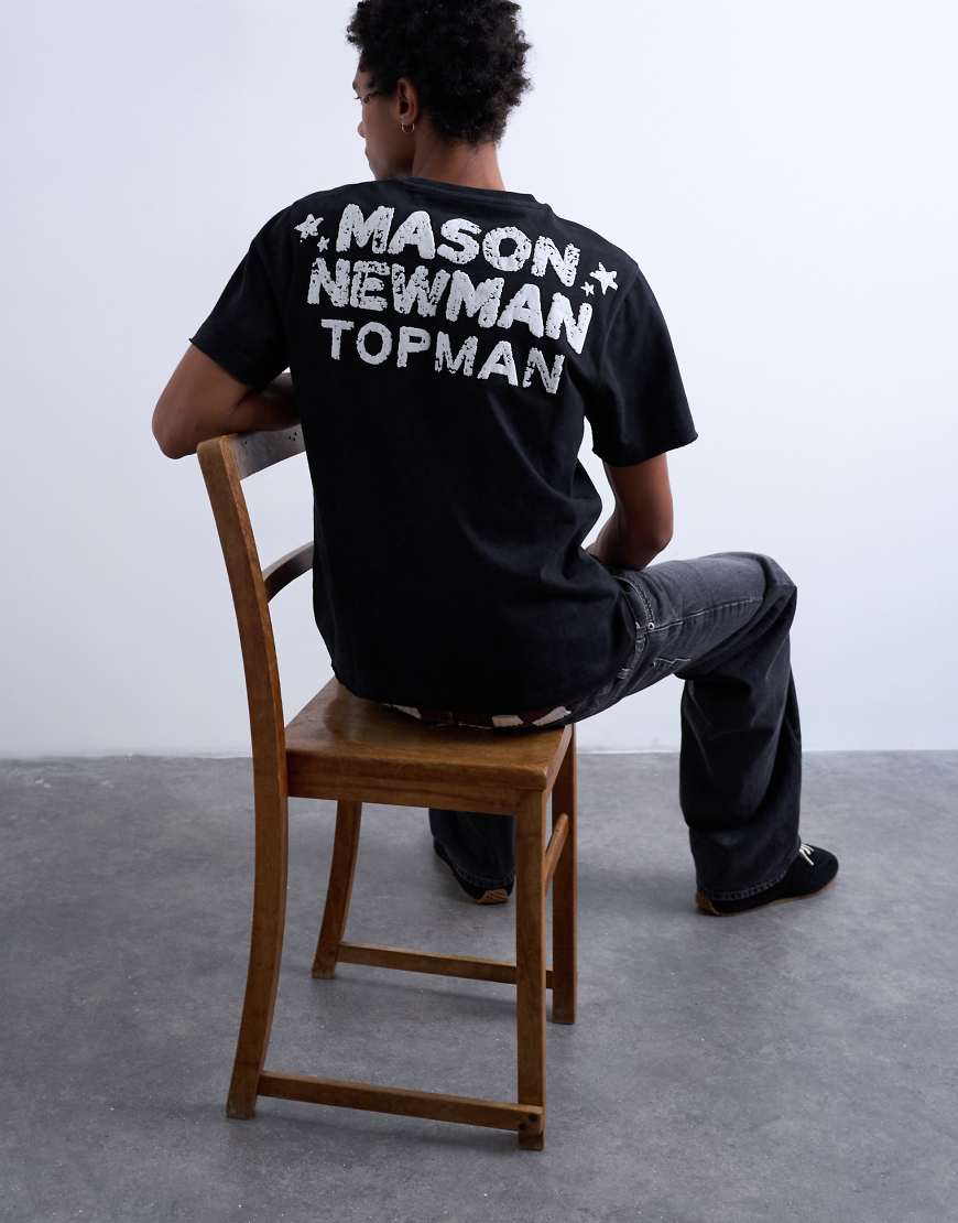 Mason Newman x Topman - Klassische geschnittenes T-Shirt in verwaschenem Schwarz mit „Till death do us part"-Print vorne und Rückenprint von Topman