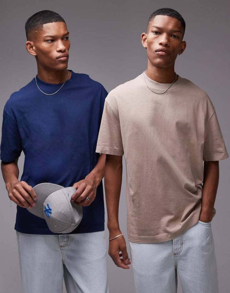 Topman - 2er-Pack Oversize-T-Shirts in verwaschenem Blau und Hellbraun-Bunt von Topman