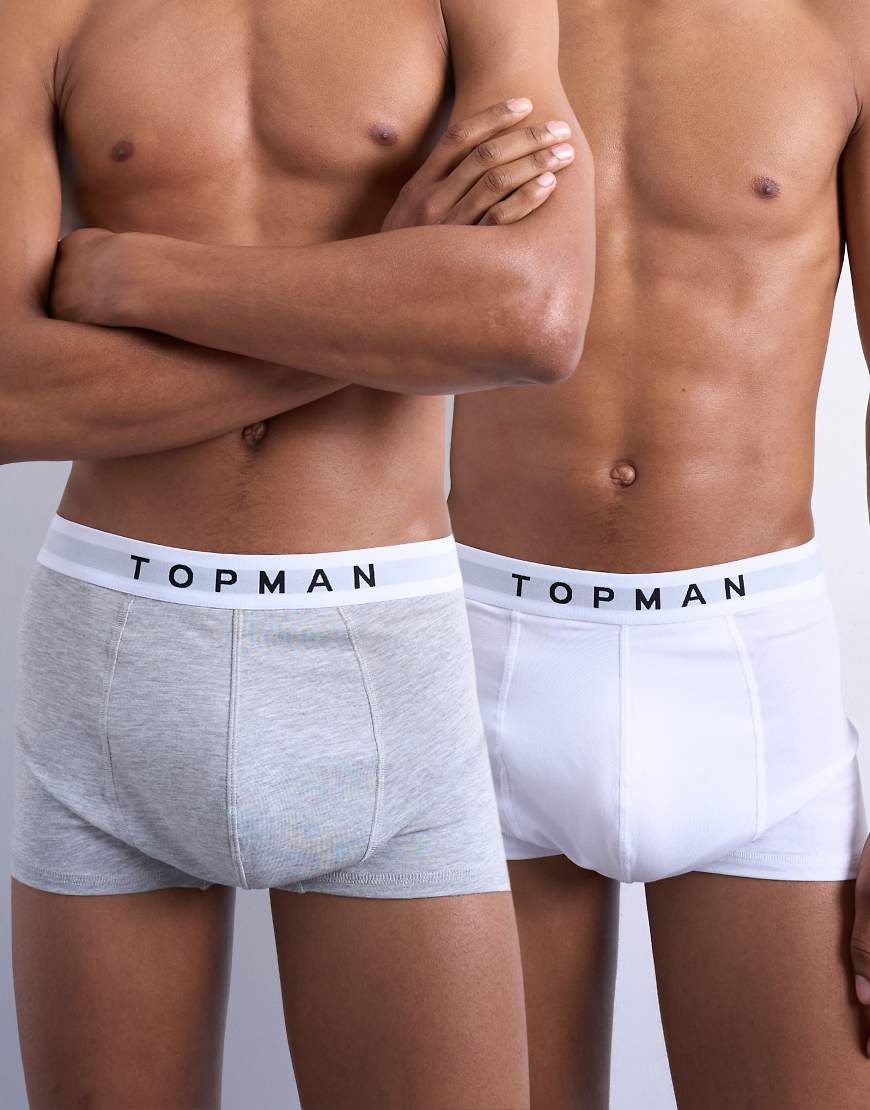 Topman - 2er-Pack Unterhosen in Weiß und meliertem Grau mit weißem Bund von Topman