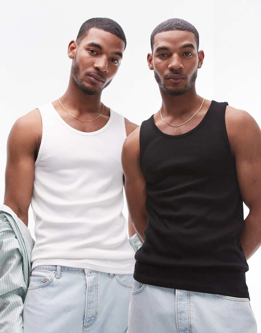Topman - 2er-Pack gerippte Trägershirts in Weiß und Schwarz-Bunt Topman - 2er-Pack gerippte Trägershirts in Weiß und Schwarz-Bunt von Topman