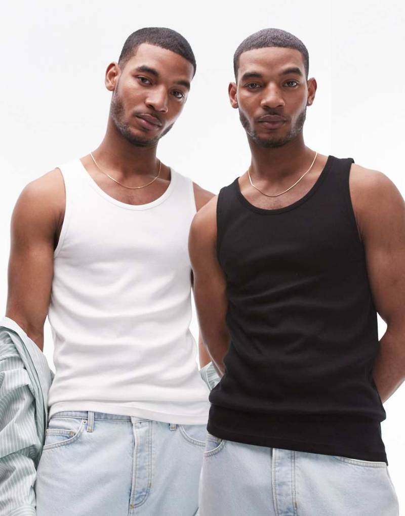 Topman - 2er-Pack gerippte Trägershirts in Weiß und Schwarz-Bunt von Topman
