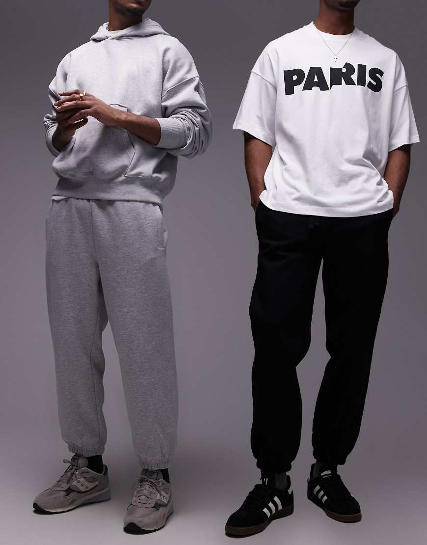 Topman - 2er-Pack hochwertige, schwere Jogginghose in Schwarz und meliertem Grau mit lockerem Schnitt-Bunt von Topman