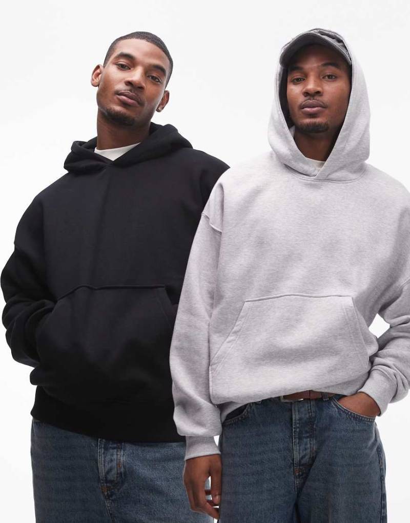 Topman - 2er-Pack hochwertige, schwere Kapuzenpullover in Schwarz und meliertem Grau mit lockerem Schnitt-Bunt von Topman