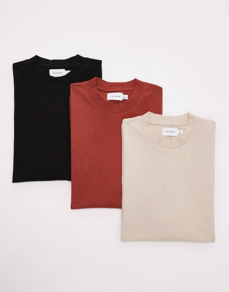 Topman - 3er-Pack Relaxed-Fit-T-Shirts in Schwarz, Steinbeige und Burgunderrot-Bunt von Topman