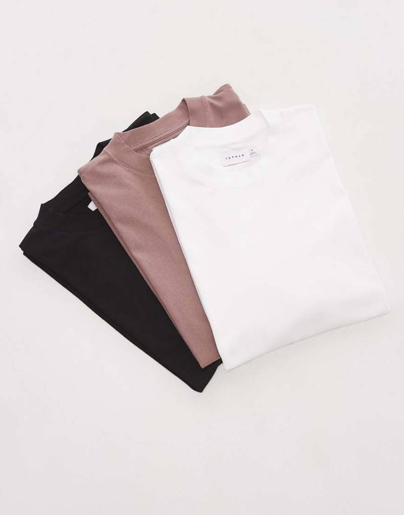 Topman - 3er-Pack Relaxed-Fit-T-Shirts in Schwarz, Weiß und Nerzbraun-Bunt von Topman