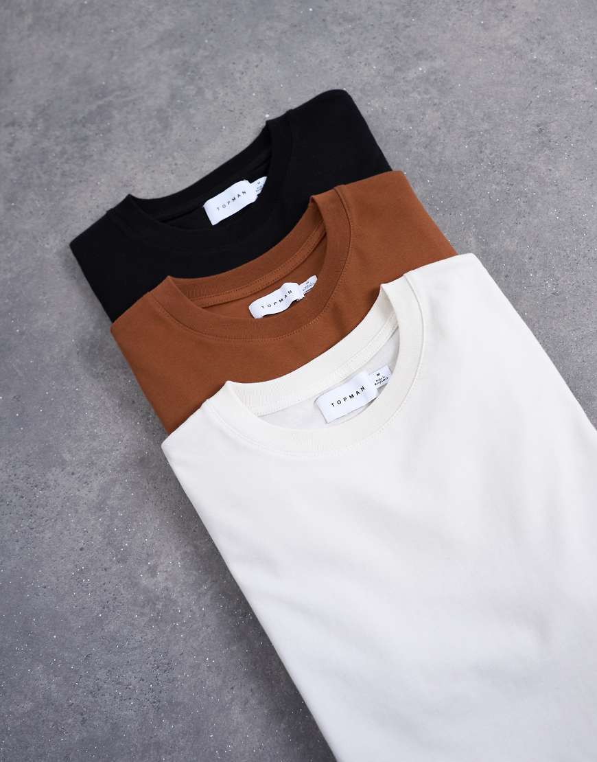 Topman - 3er-Pack klassische T-Shirts in Schwarz, Braun und Ecru-Bunt von Topman
