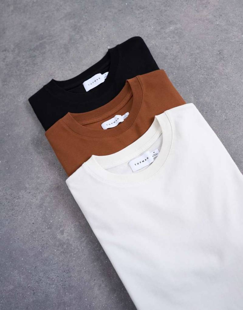 Topman - 3er-Pack klassische T-Shirts in Schwarz, Braun und Ecru-Bunt von Topman
