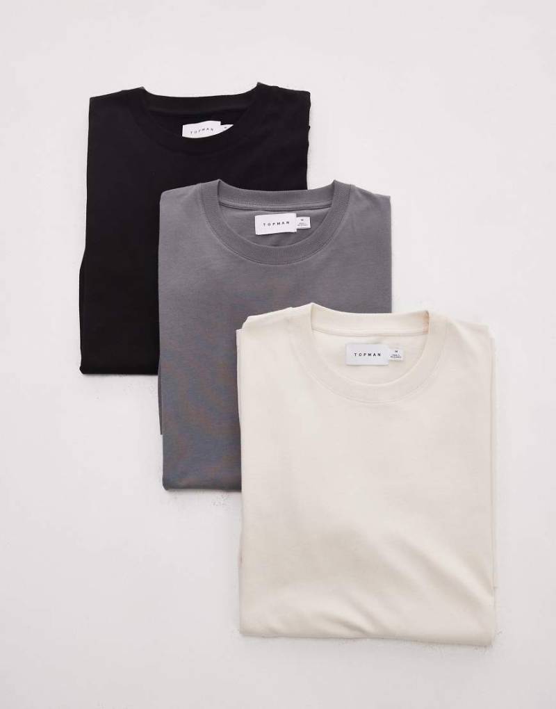 Topman - 3er-Pack Classic-Fit-T-Shirts in Ecru, Anthrazit und Schwarz-Bunt von Topman