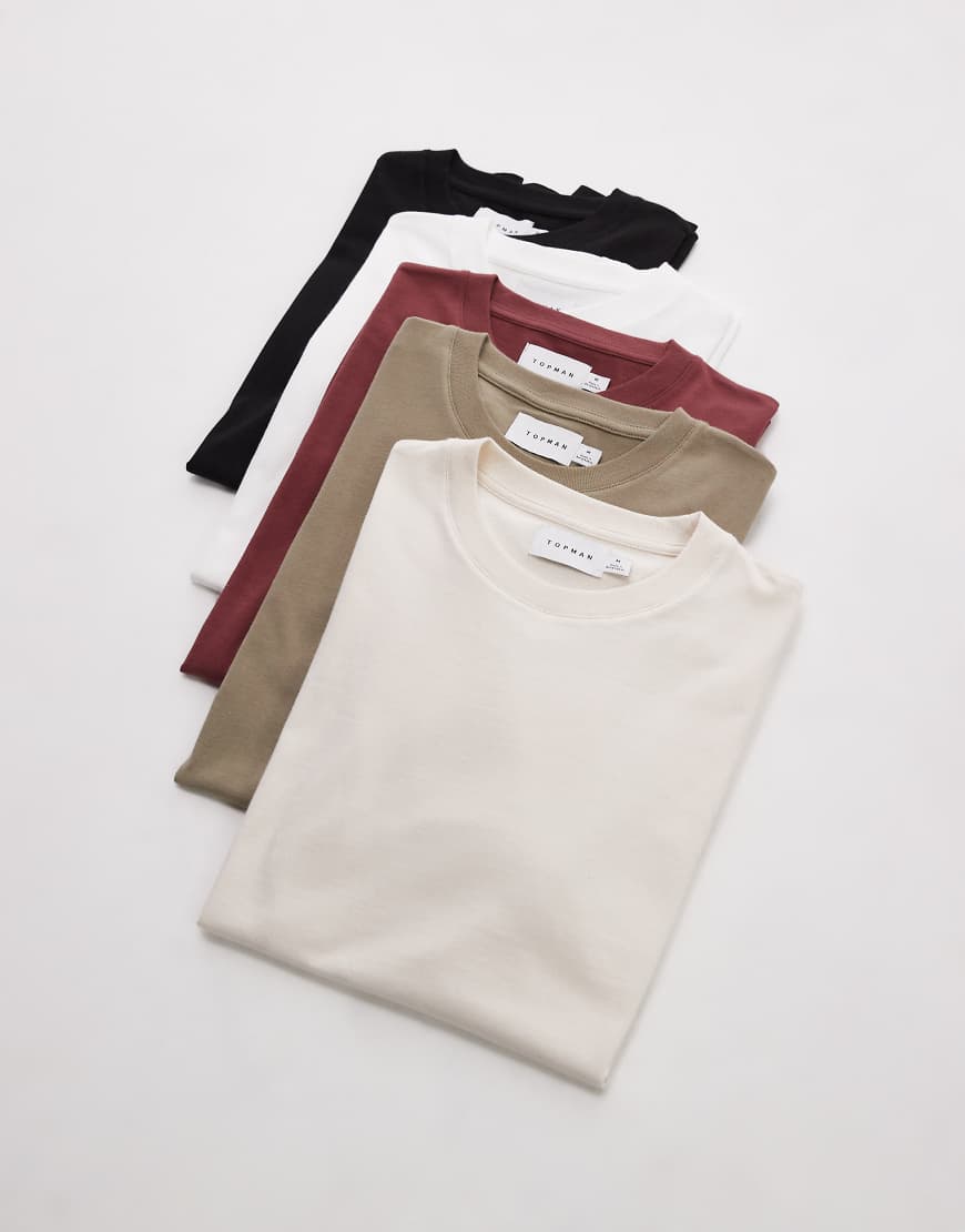 Topman - 5er-Pack Regular-Fit-T-Shirts in Weiß, Ecru, Khaki, Schwarz und Burgunderrot-Bunt Topman - 5er-Pack Regular-Fit-T-Shirts in Weiß, Ecru, Khaki, Schwarz und Burgunderrot-Bunt von Topman