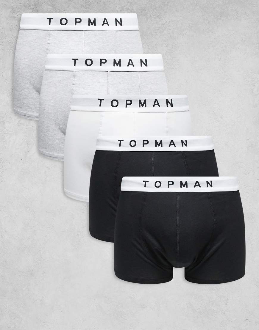Topman - 5er-Pack Unterhosen in Schwarz, Weiß und meliertem Grau mit weißem Bund-Bunt von Topman