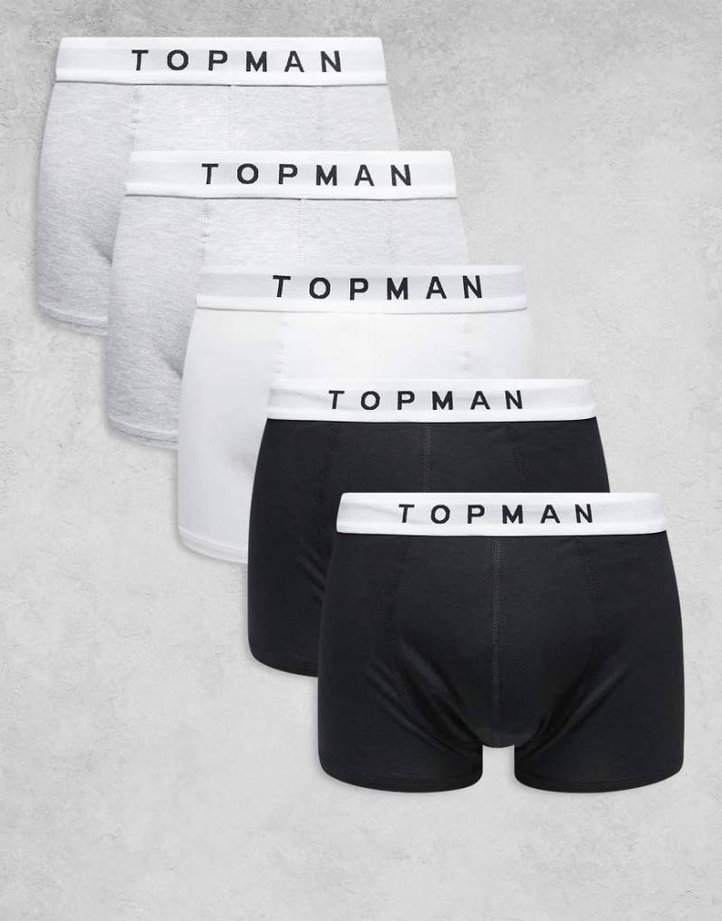 Topman - 5er-Pack Unterhosen in Schwarz, Weiß und meliertem Grau mit weißem Bund-Bunt von Topman
