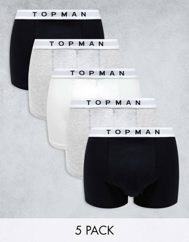 Topman - 5er-Pack Unterhosen in Schwarz, meliertem Grau und Weiß mit weißem Bund-Bunt von Topman