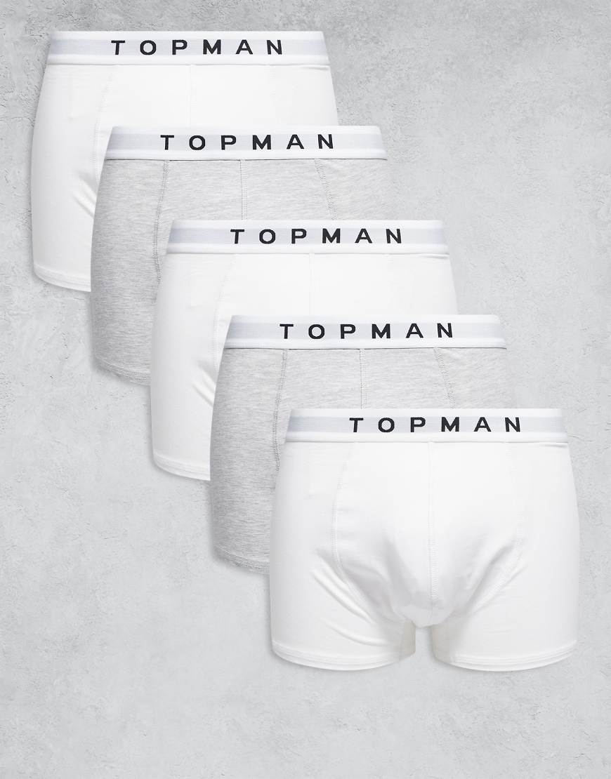Topman - 5er-Pack Unterhosen in Weiß und meliertem Grau mit weißem Bund-Bunt von Topman