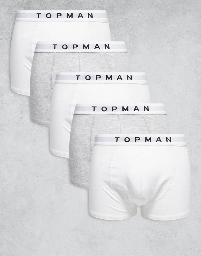Topman - 5er-Pack Unterhosen in Weiß und meliertem Grau mit weißem Bund-Bunt von Topman