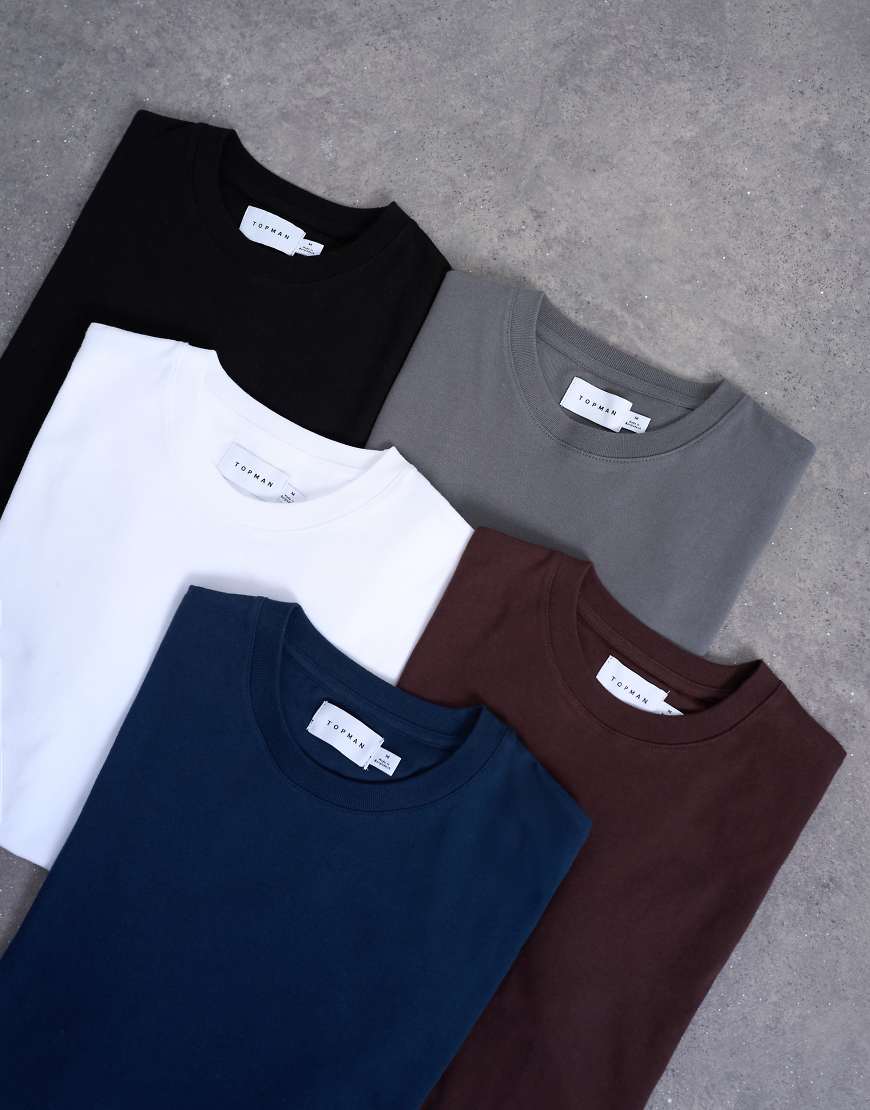 Topman - 5er-Pack klassische T-Shirts in Schwarz, Weiß, Braun, Marineblau und Anthrazit-Bunt von Topman