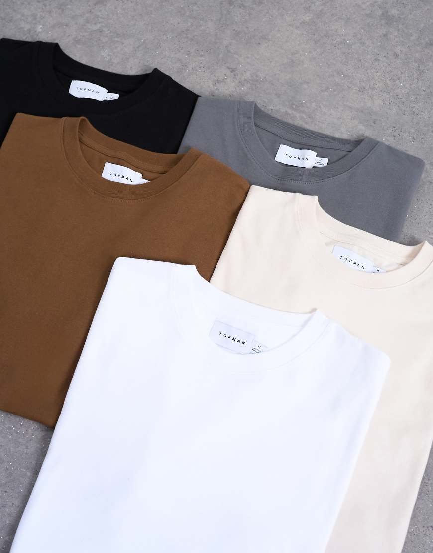 Topman - 5er-Pack klassische T-Shirts in Schwarz, Weiß, Ecru, Dunkelbraun und Anthrazit-Bunt von Topman
