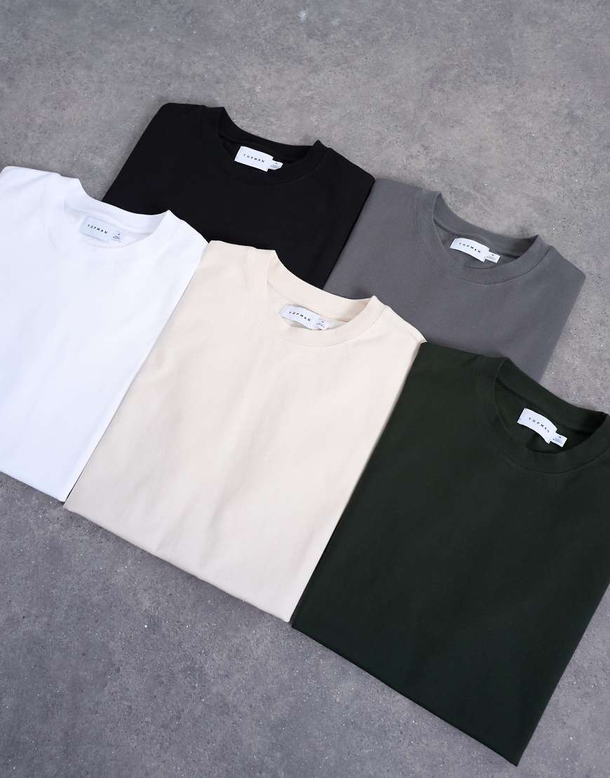 Topman - 5er-Pack locker geschnittene T-Shirts in Schwarz, Weiß, Ecru, Dunkelgrün und Anthrazit-Bunt von Topman
