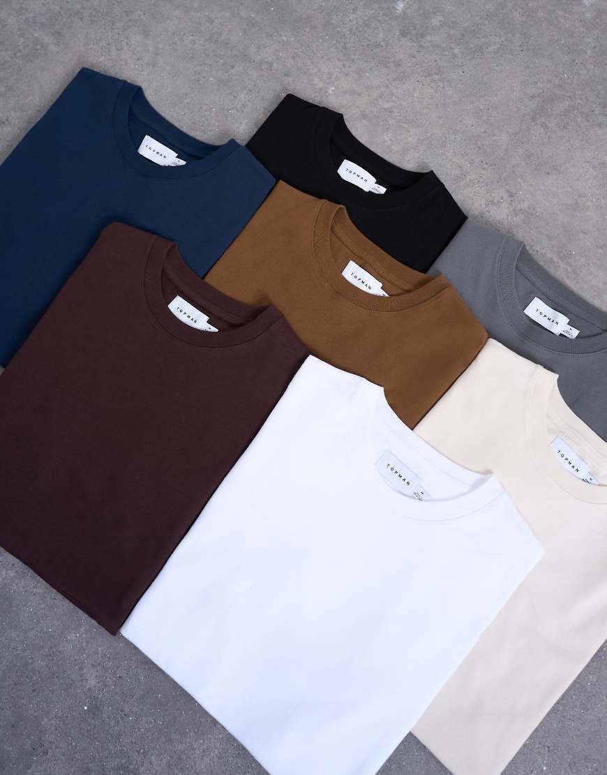 Topman - 7er-Pack klassische T-Shirts in Schwarz, Weiß, zwei Brauntönen, Marineblau, Anthrazit und Ecru-Bunt von Topman