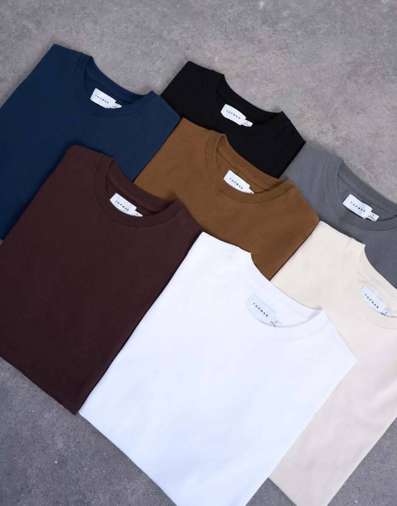 Topman - 7er-Pack klassische T-Shirts in Schwarz, Weiß, zwei Brauntönen, Marineblau, Anthrazit und Ecru-Bunt von Topman