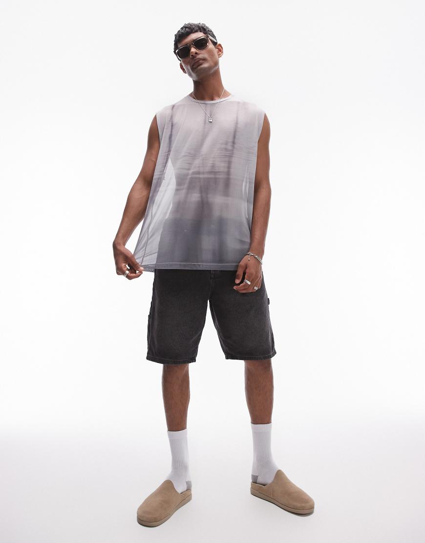 Topman - Ärmelloses Oversize-T-Shirt in Schwarz aus Netzstoff mit Space-Dye-Print von Topman