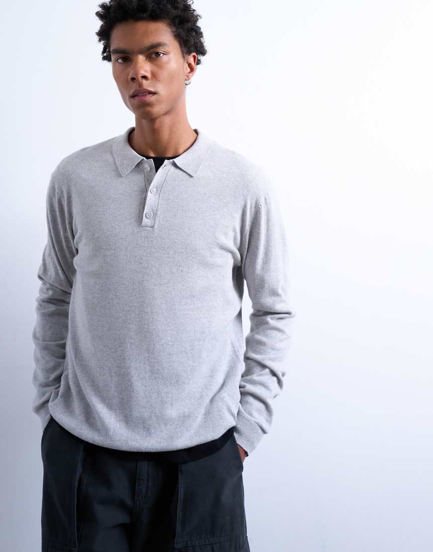 Topman - Basic-Polohemd aus Strick in Hellgrau mit Knopfleiste von Topman