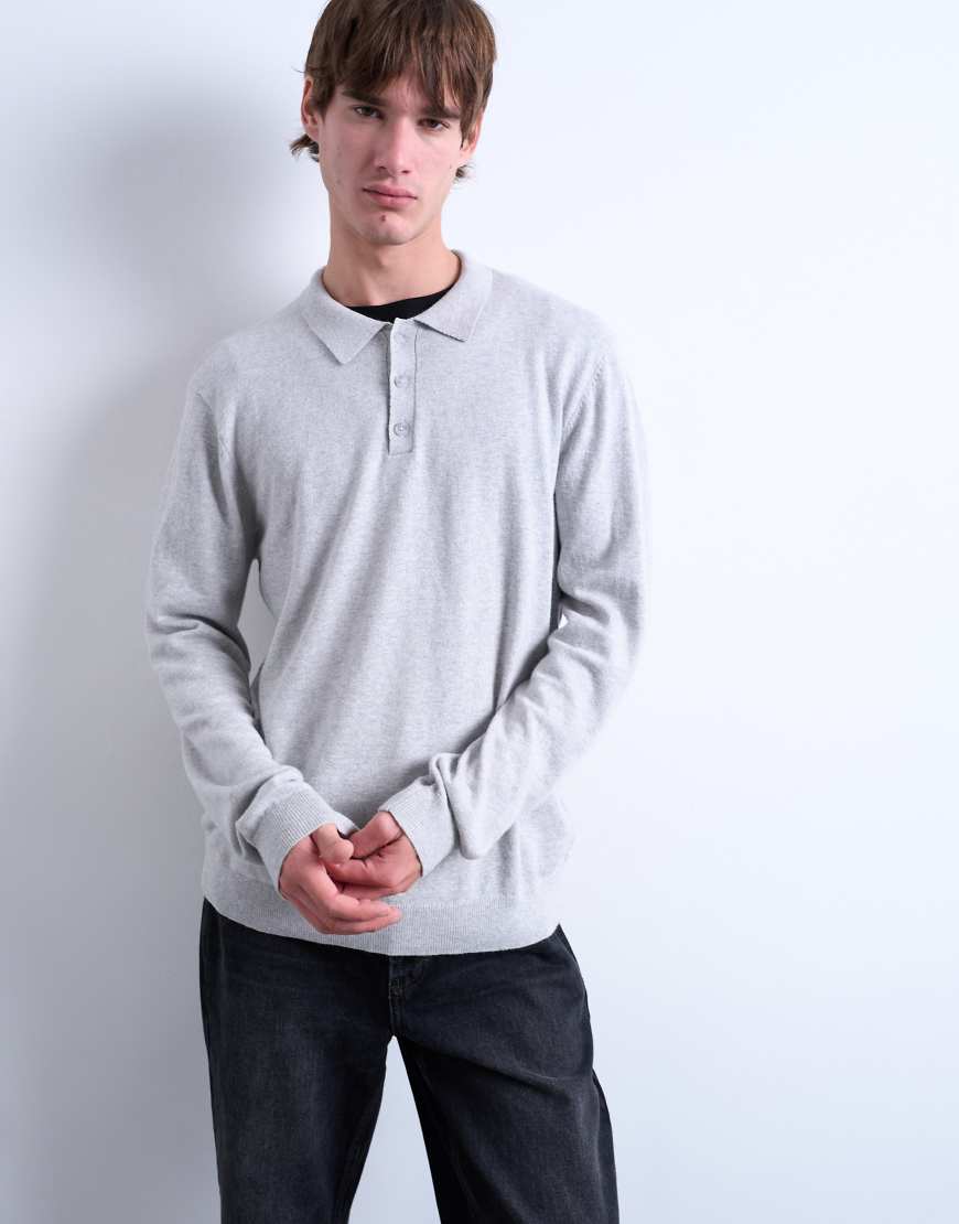 Topman - Basic-Polohemd aus Strick in Hellgrau mit Knopfleiste Topman - Basic-Polohemd aus Strick in Hellgrau mit Knopfleiste von Topman
