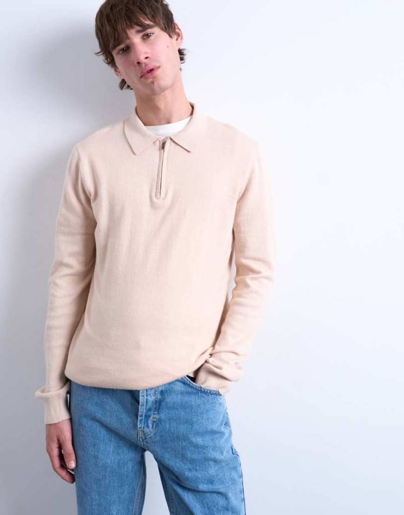 Topman - Essential - Gestricktes Polohemd in Steinbeige mit Reißverschluss-Neutral von Topman