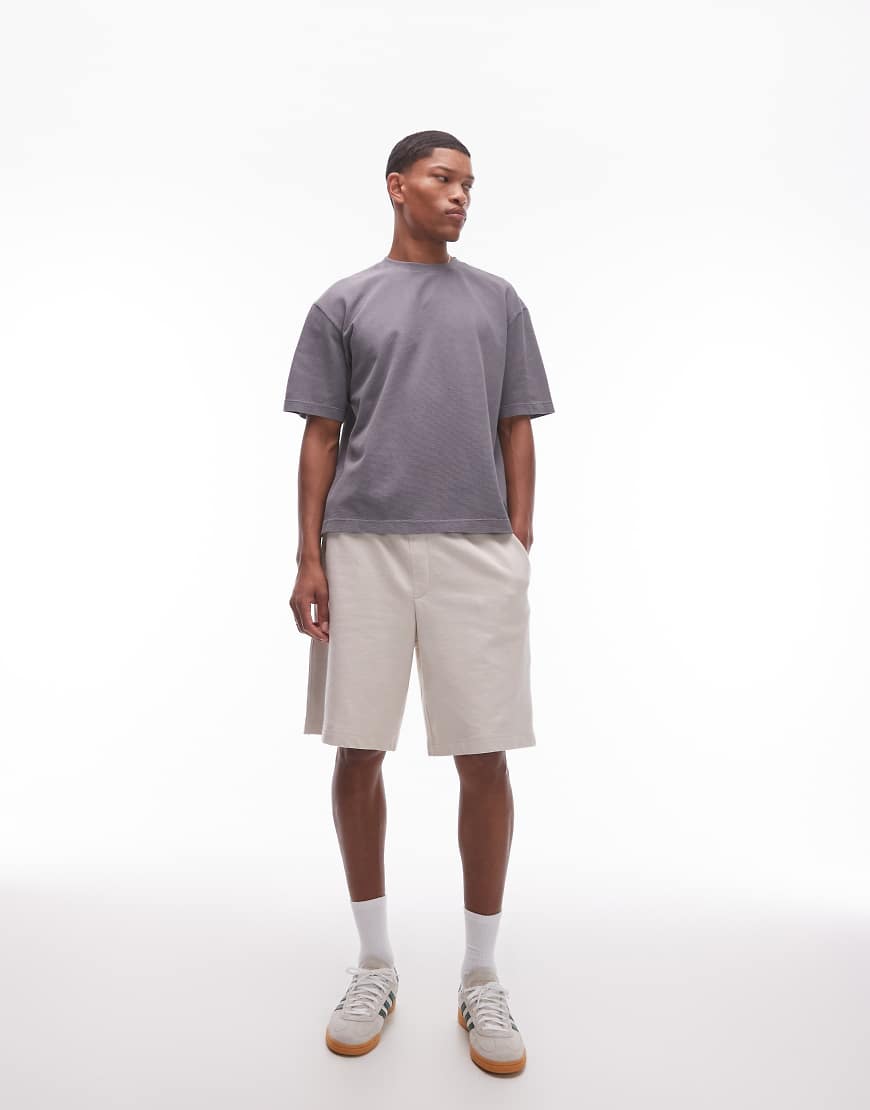 Topman - Cropped Fit T-Shirt in verwaschenem Anthrazit mit Waffelstruktur-Grau von Topman