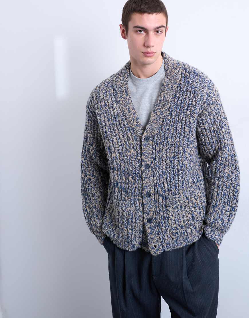 Topman - Dicke Relaxed-Fit-Strickjacke in meliertem Marineblau von Topman