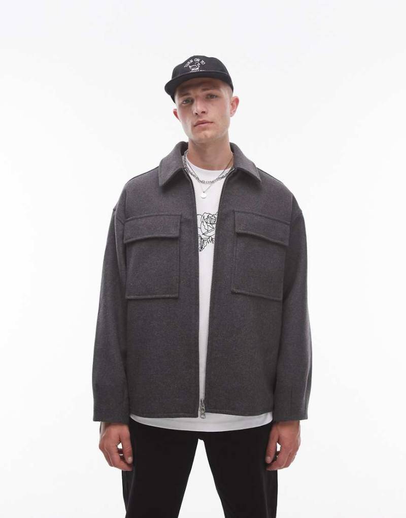 Topman - Doppelseitige Hemdjacke aus meliertem Grau von Topman