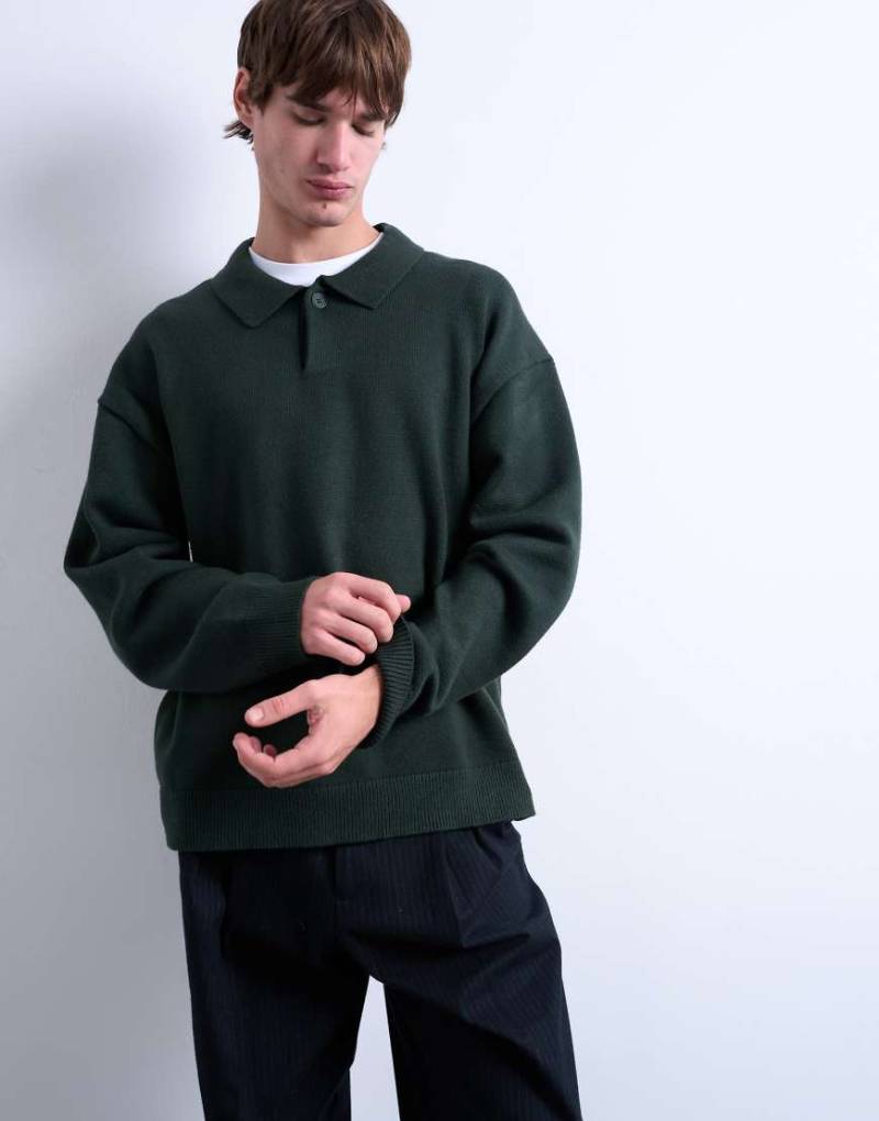 Topman - Eleganter Strickpullover in Dunkelgrün mit Polokragen von Topman