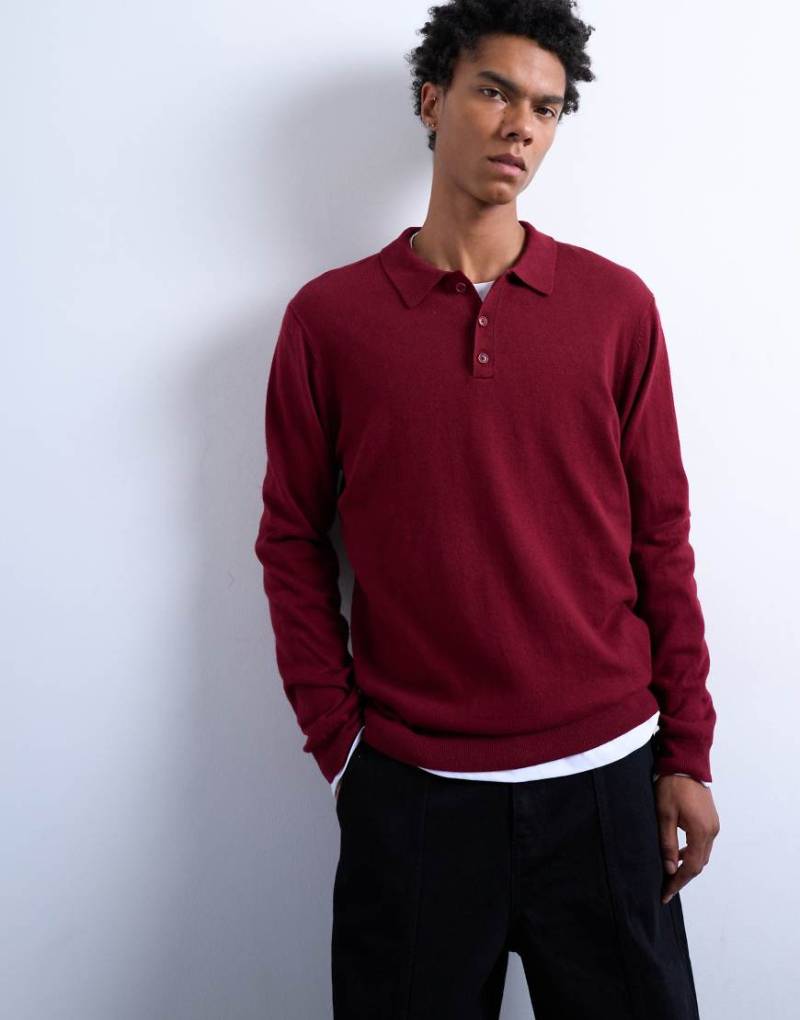 Topman - Essential - Gestricktes Polohemd in Burgunderrot mit Knopfleiste von Topman