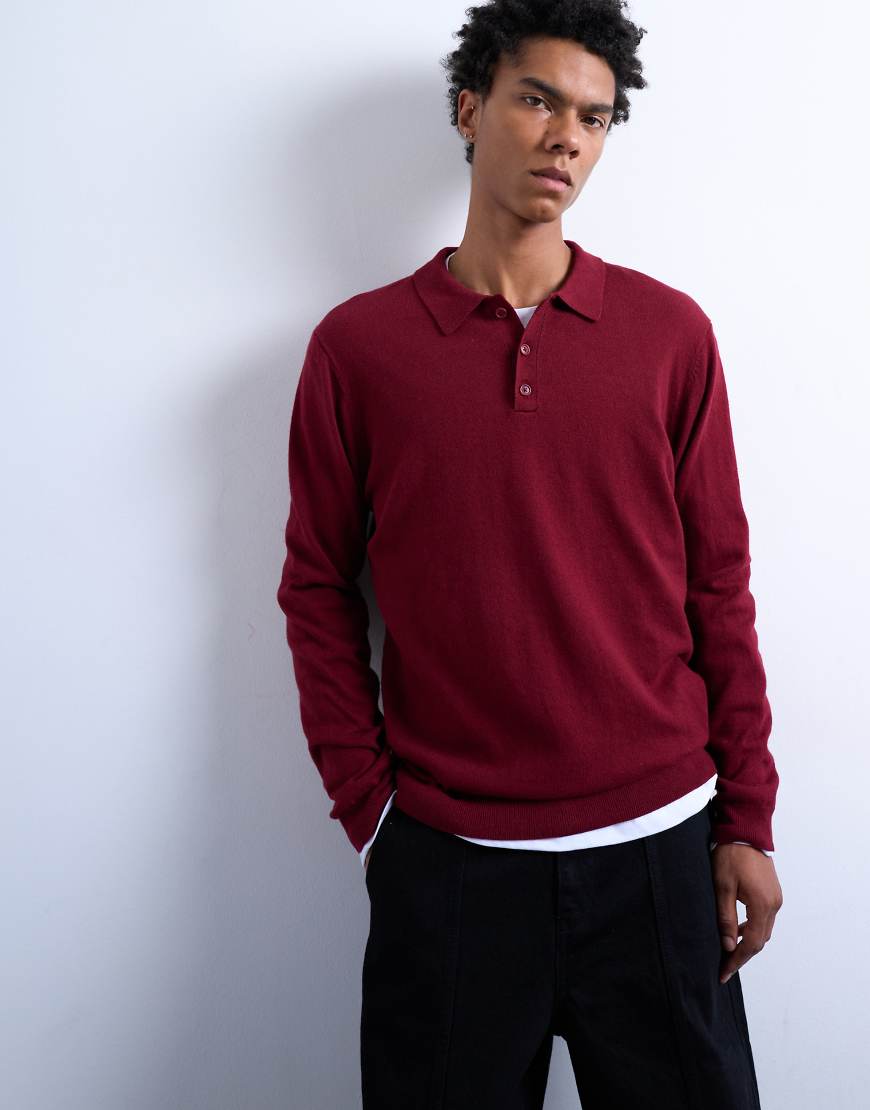 Topman - Essential - Gestricktes Polohemd in Burgunderrot mit Knopfleiste von Topman