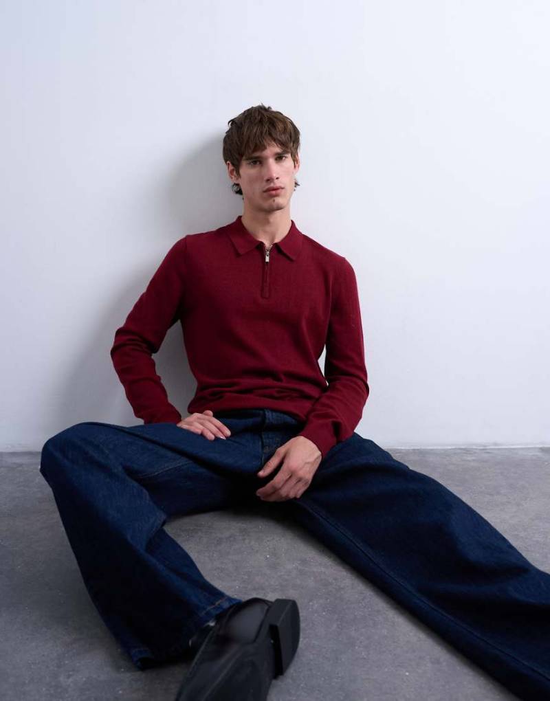 Topman - Essential - Gestricktes Polohemd in Burgunderrot mit Reißverschluss von Topman