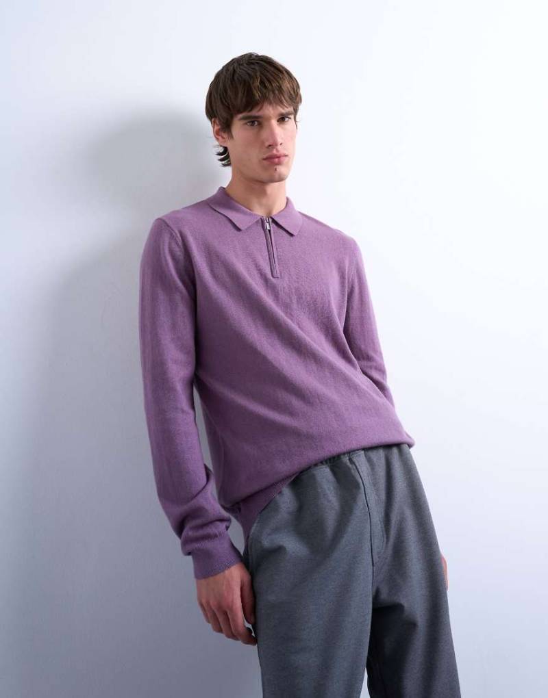 Topman - Essential - Gestricktes Polohemd in Lila mit Reißverschluss von Topman