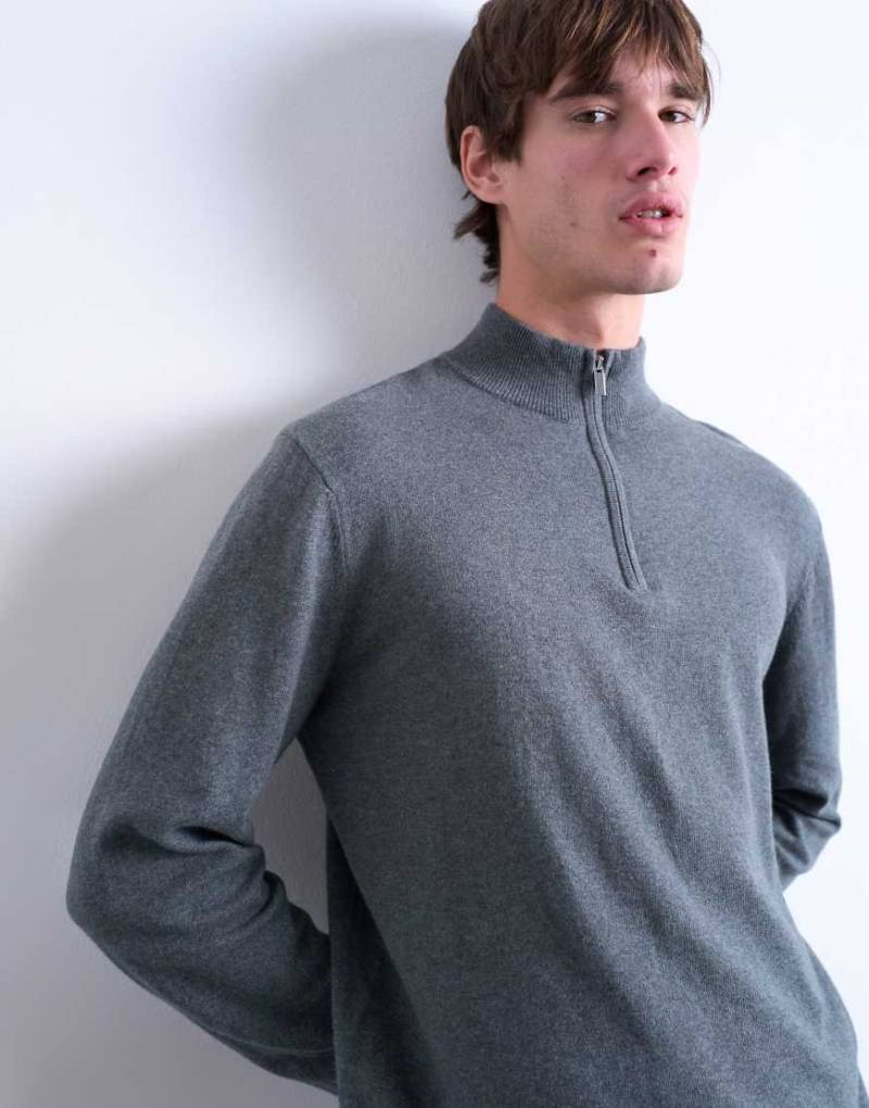 Topman - Essential - Strickpullover in Anthrazit mit kurzem 1/4-Reißverschluss und Stehkragen-Grau von Topman