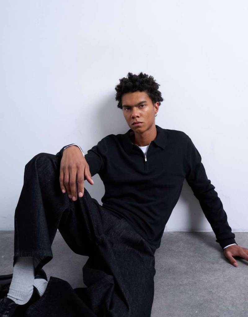 Topman - Essentials - Gestricktes Polohemd in Schwarz mit Reißverschluss von Topman