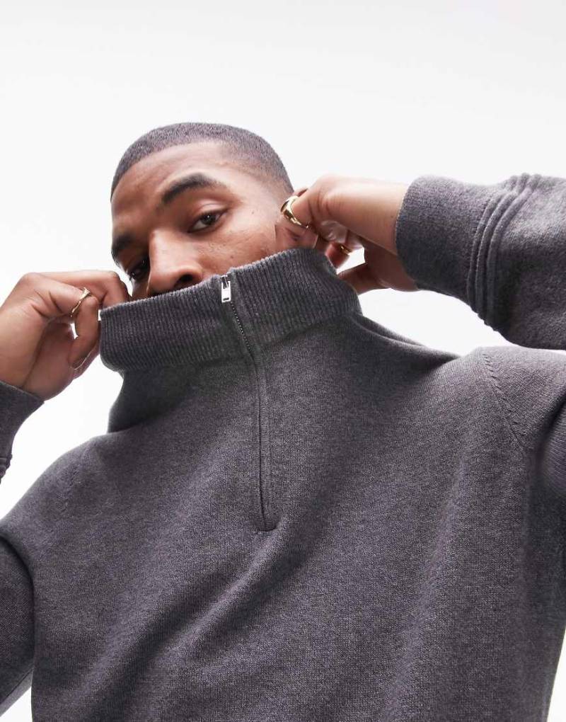 Topman - Essentials - Pullover in Anthrazit mit kurzem Reißverschluss-Grau von Topman