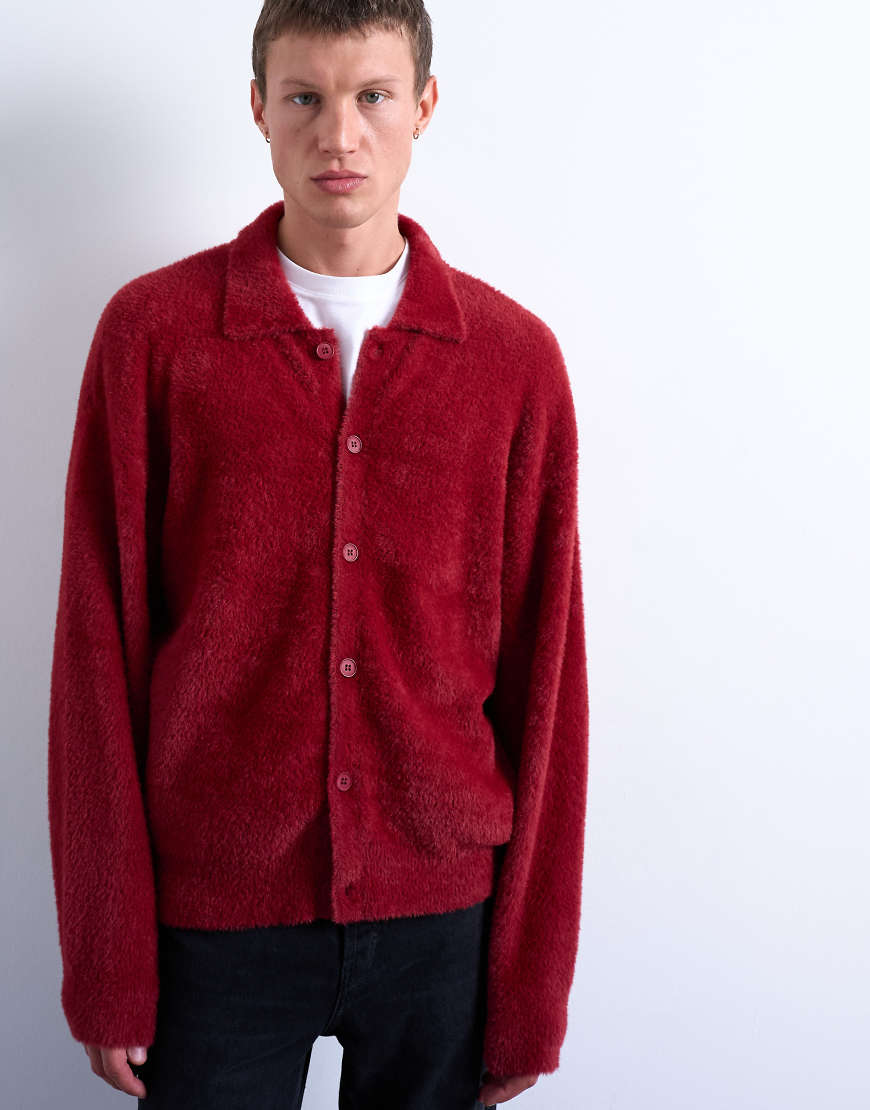 Topman - Flauschige Strickjacke in Burgunderrot von Topman