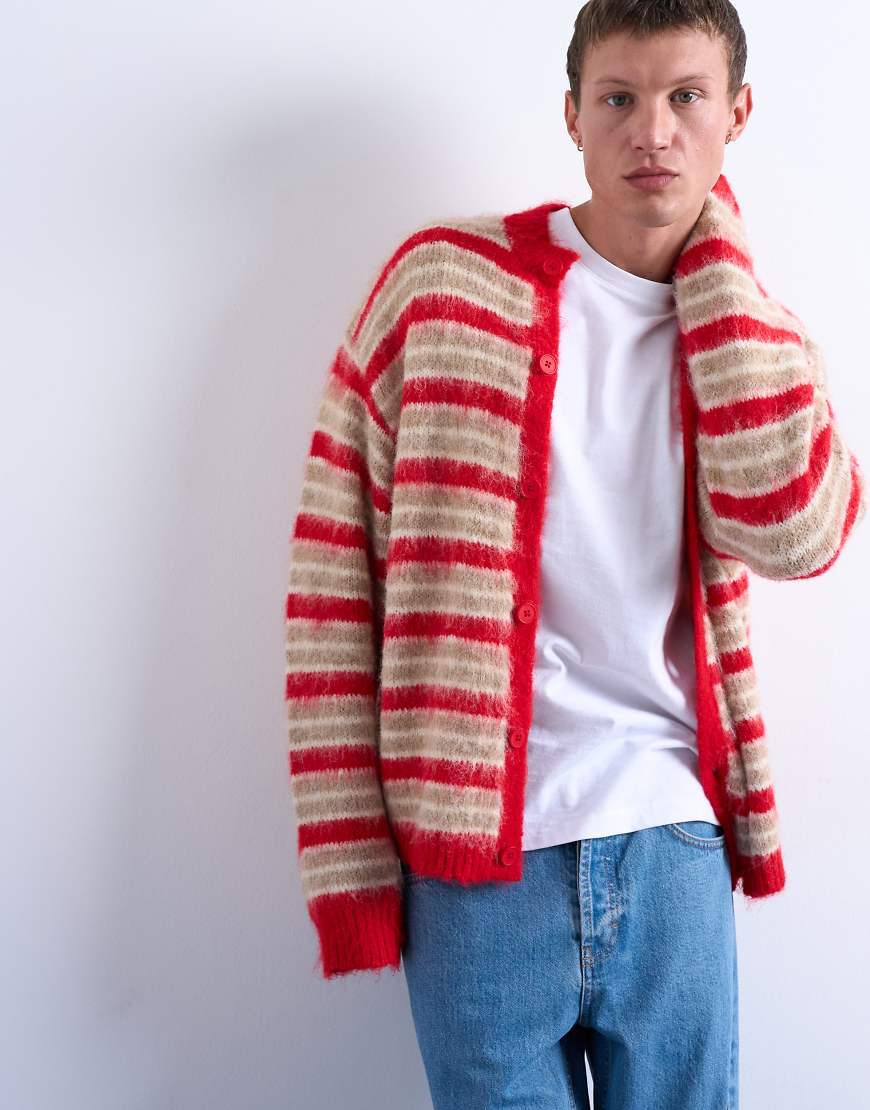 Topman - Flauschige Strickjacke in Rot mit Streifen und Rundhalsausschnitt von Topman