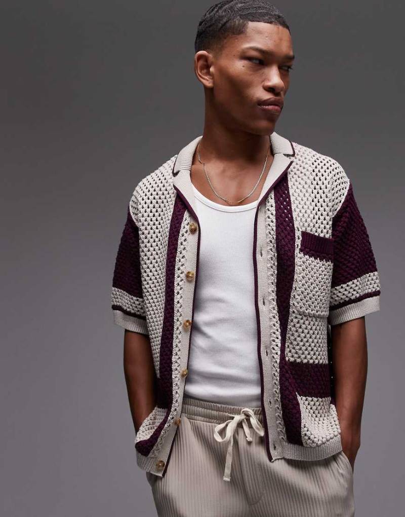 Topman - Gehäkeltes Relaxed-Fit-Polohemd in Mauve mit abstrakter Knopfleiste-Lila von Topman