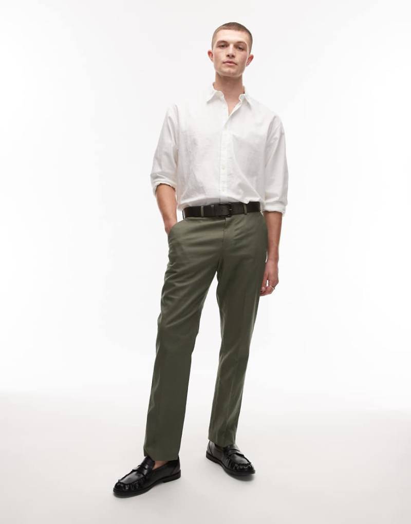 Topman - Gerade geschnittene Anzughose aus Leinenmix in Khaki-Blau von Topman