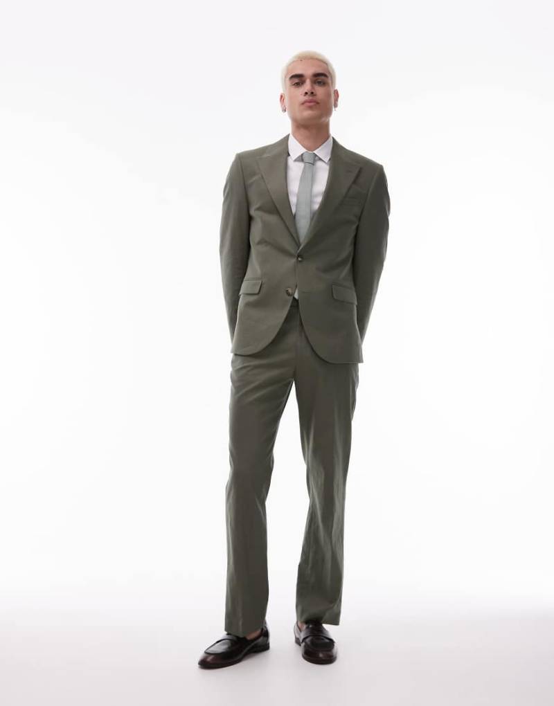 Topman - Gerade geschnittene Anzughose aus Leinenmix in Khaki-Blau von Topman