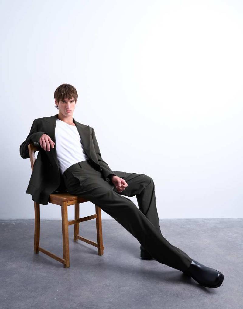 Topman - Gerade geschnittene Hose in dunkelgrüner Wolloptik von Topman