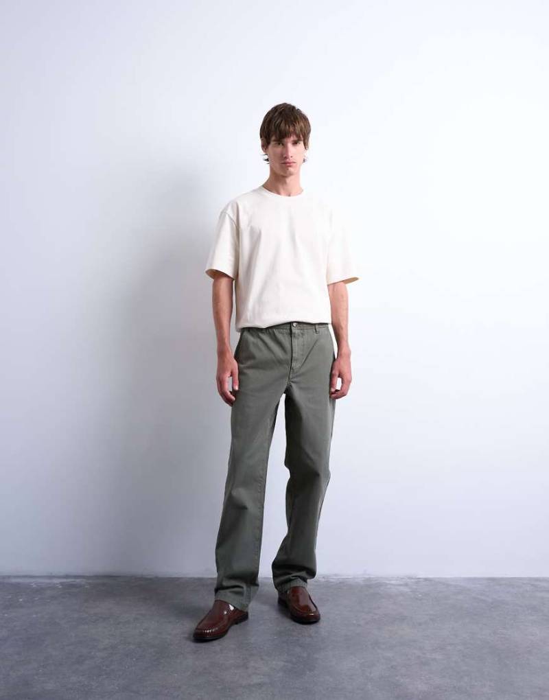 Topman - Gerade geschnittene Hose in verwaschenem Khaki mit Fischgrätmuster-Grün von Topman