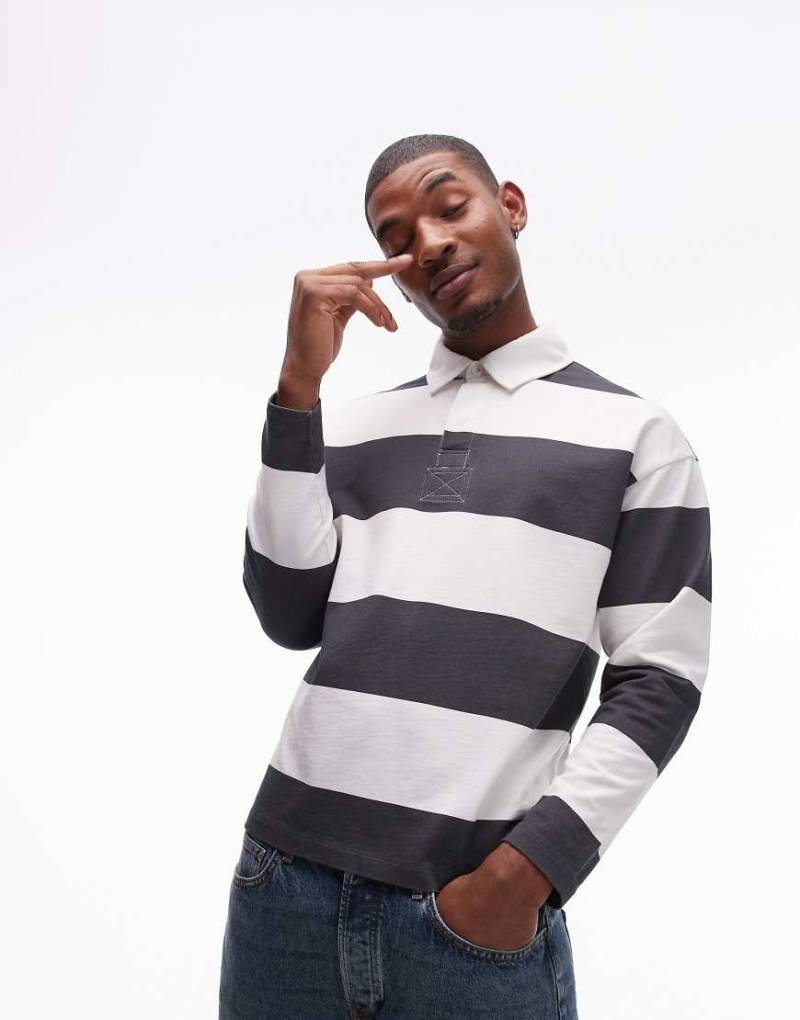 Topman - Gestreiftes Oversize-Polohemd in Anthrazit gestreift mit gewebtem Kragen-Weiß von Topman